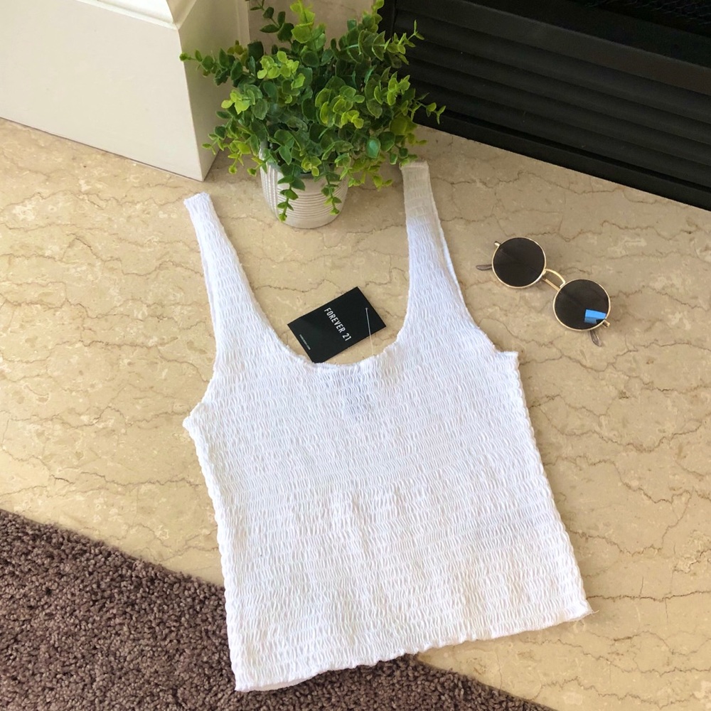FOREVER21 White Smocked Cropped Top
